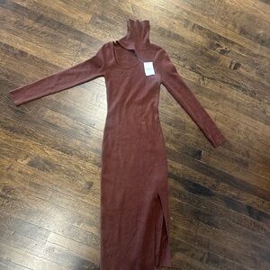 New Forever 21 Brown Long Sleeve Turtleneck BodyCon Sweater Dress With Slit M